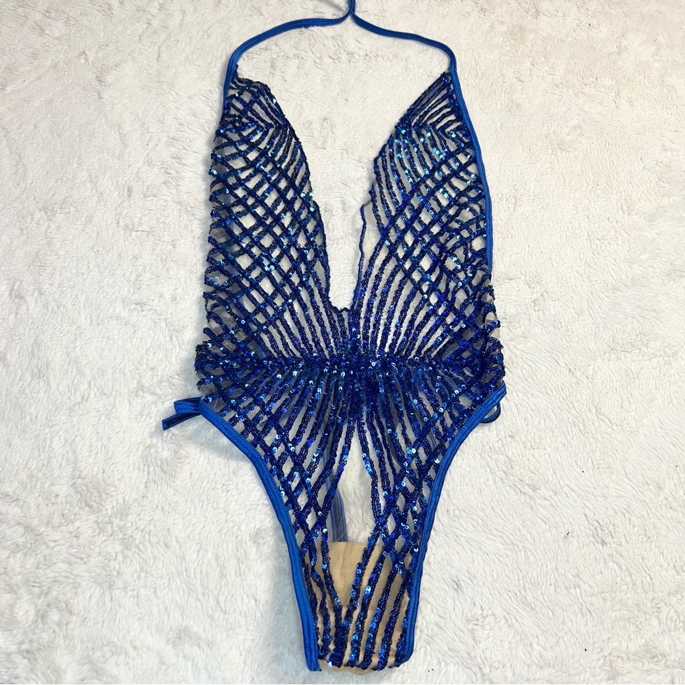 Brazilian Blue Sequin Sheer Plunge One-Piece Thong Side Tie Swimwear Size Small